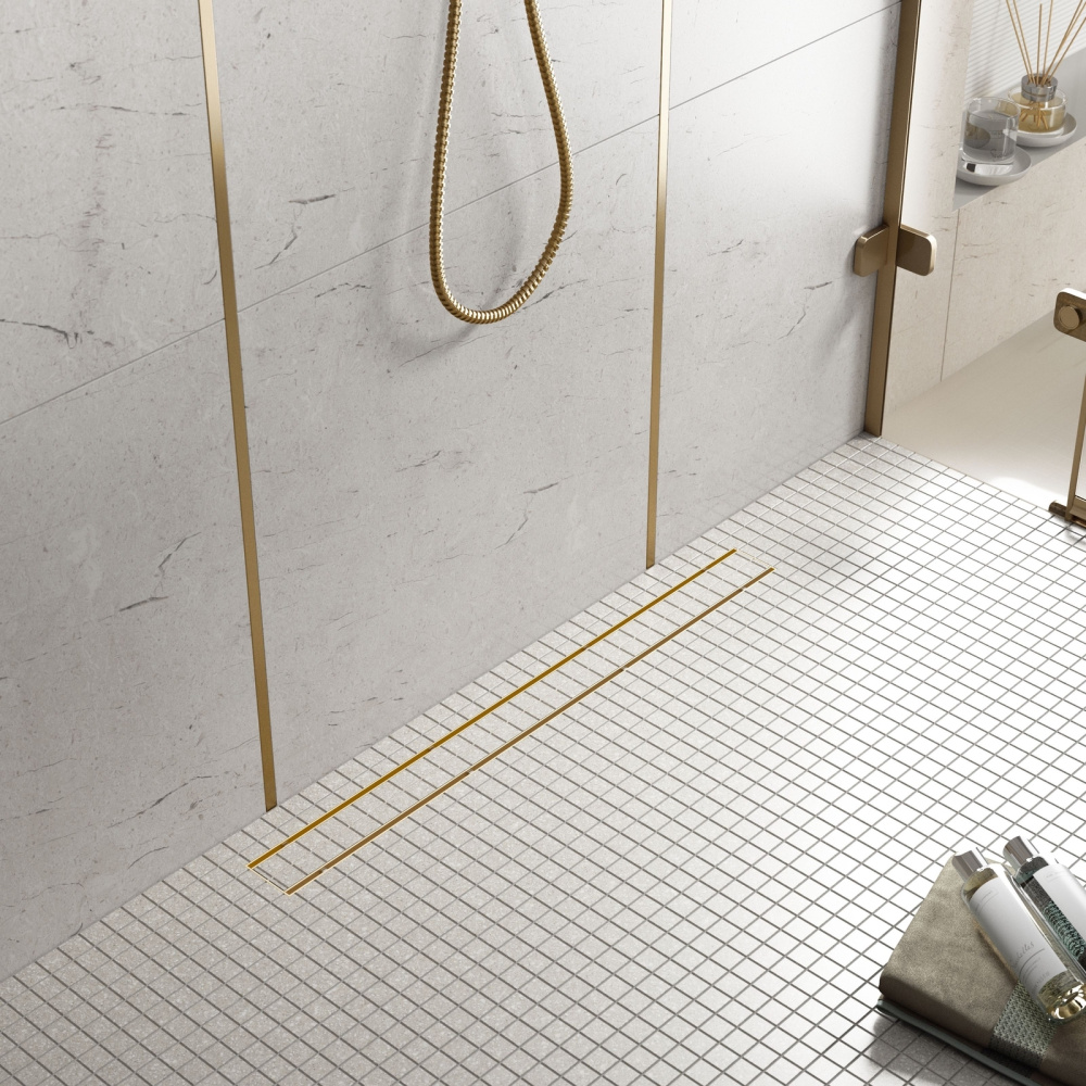 Фото Душевой лоток TIMO Drain System 1000 DS230210/17 с двусторонней панелью "plate" под плитку, Золото м