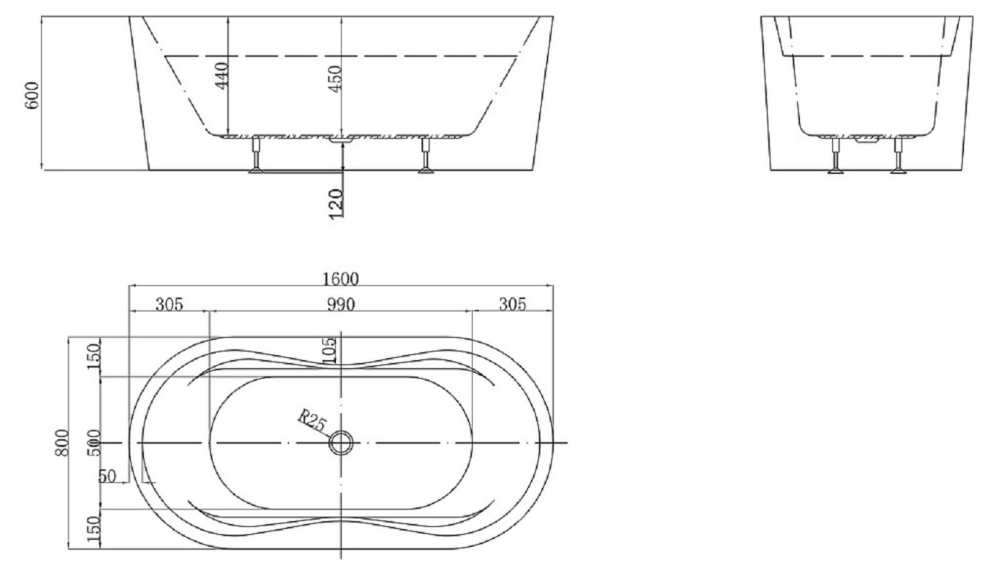 Акриловая ванна 160x80 BelBagno (BB407-1600-800), округлая