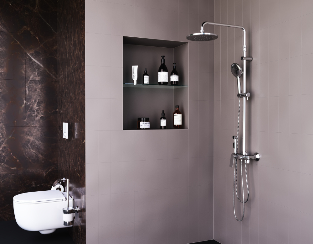 Damixa DX220910000 Apollo, душевая система со смесителем-полкой: верхний душ 230мм, ручной душ 120мм