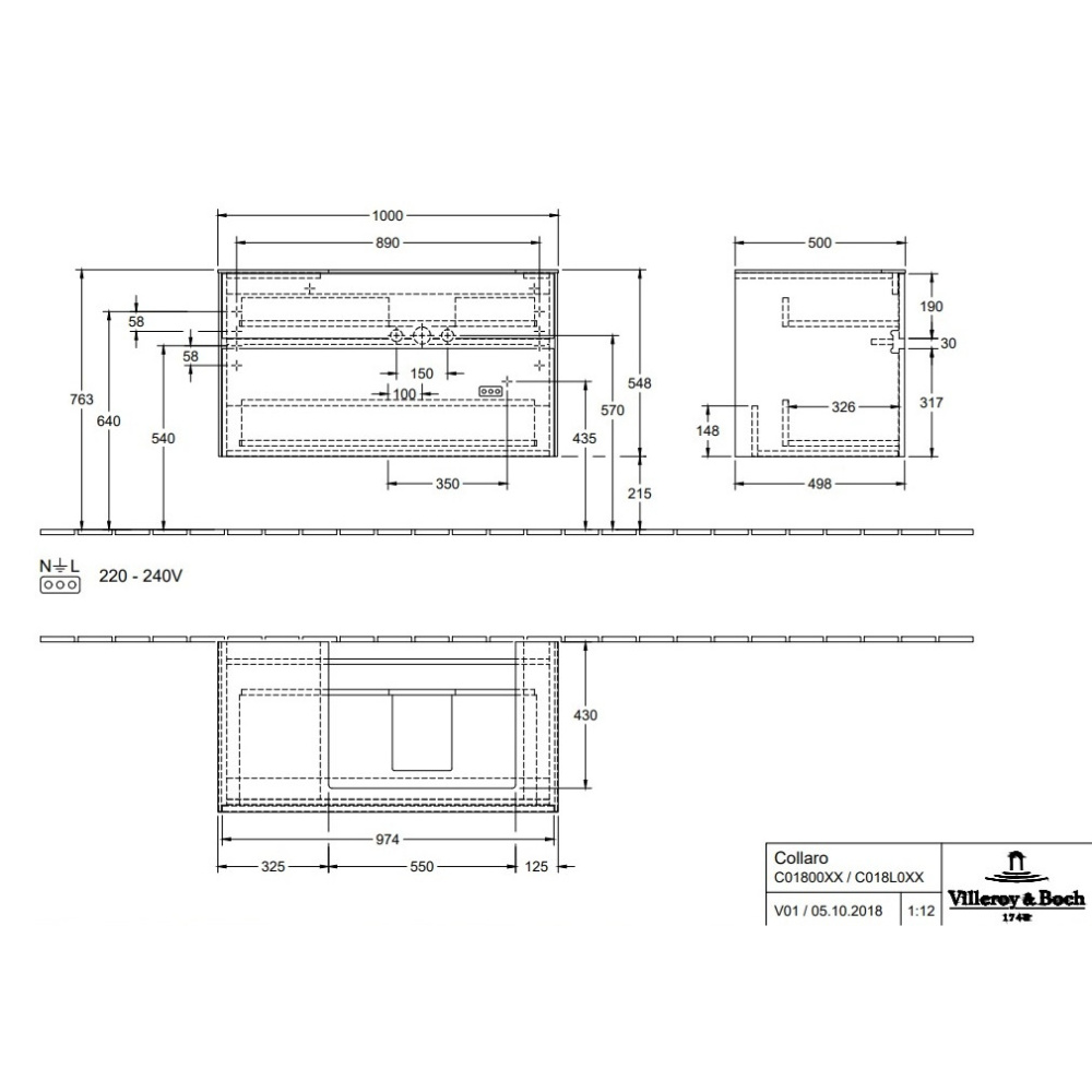 Villeroy Boch Collaro C018L0FP Тумба под раковину 1000х500 мм (Glossy Grey)