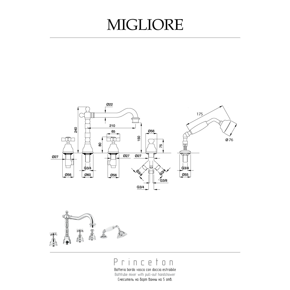 Migliore Princeton 19345 Смеситель на борт ванны, на 5 отв, бронза