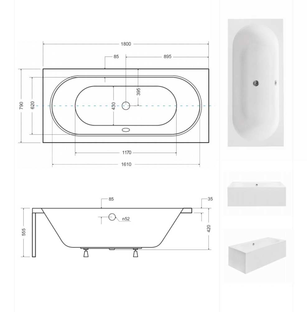 Акриловые ванны 180 см Акриловая ванна 180x80 Besco (WAV-180-PK), прямоугольная