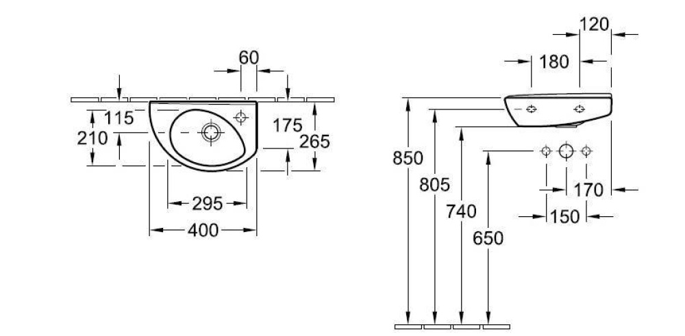 Раковина 73024L01 VILLEROY&BOCH OBLIC, 400х265 мм, чаша слева