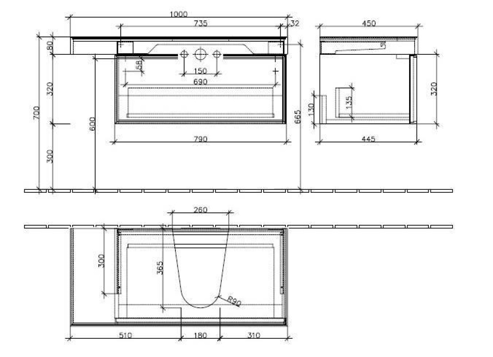 Тумба под раковину 95710R00 VILLEROY&BOCH PURE STONE, 1000x320 80x450 445 мм