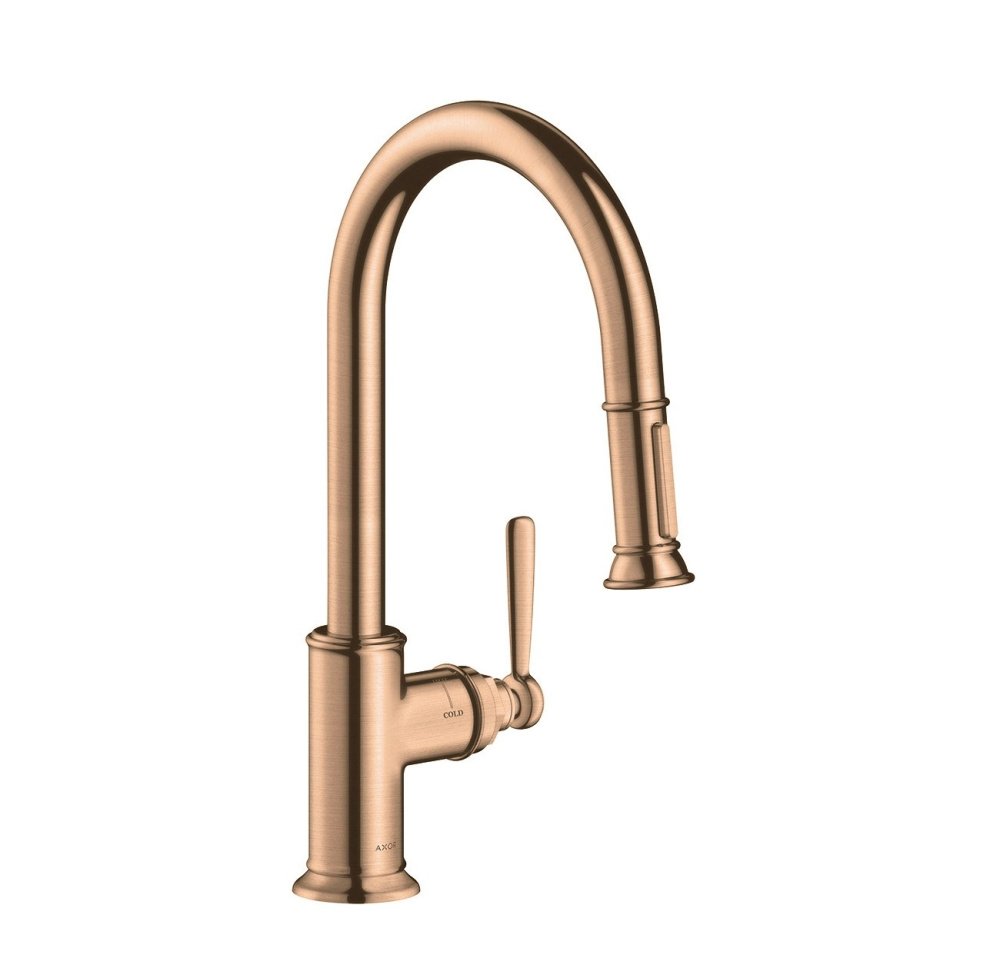 Фото AXOR Montreux 16581310 Однорычажный смеситель для кухни с вытяжным изливом (шлифованное красное золо
