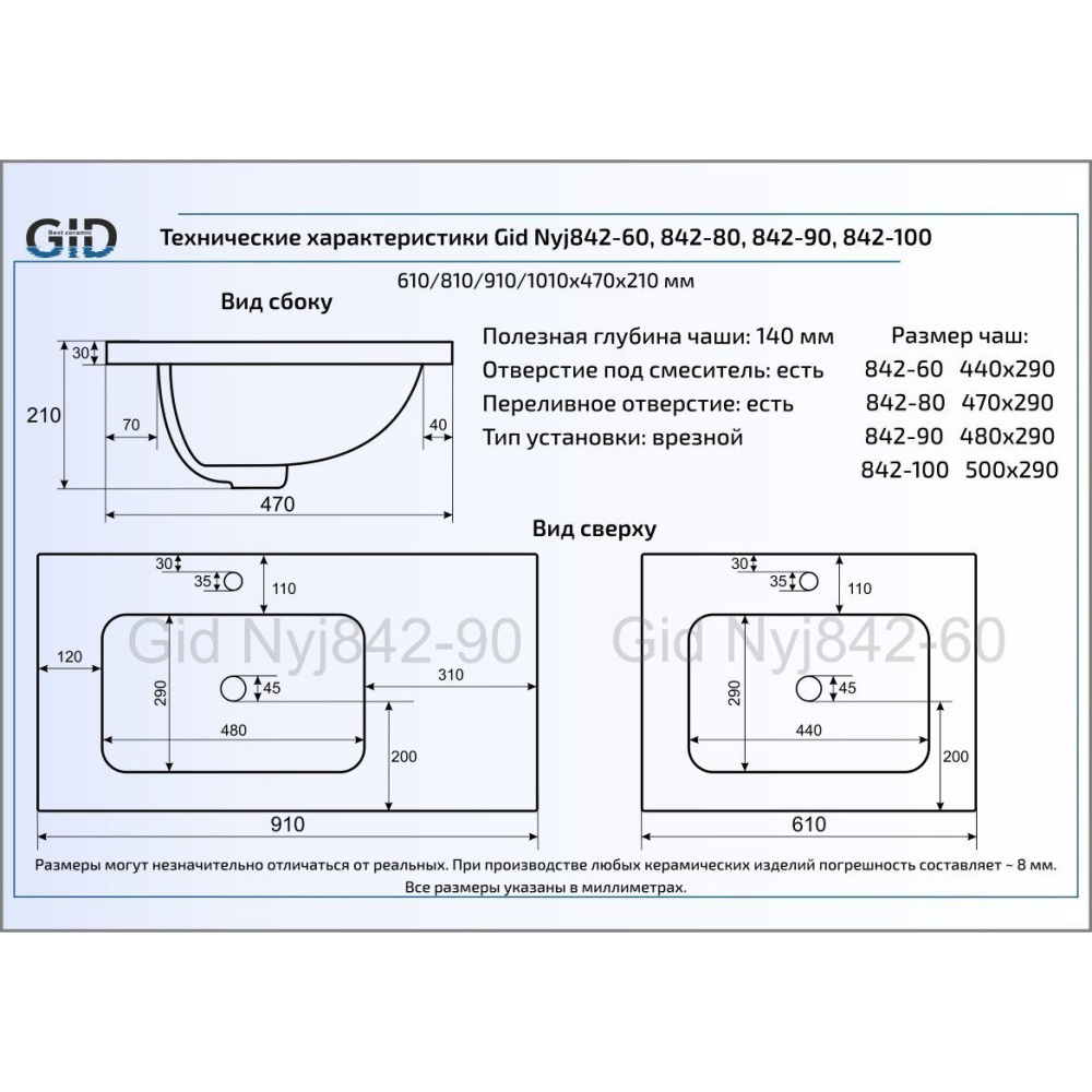 Врезная белая раковина для ванной Gid NYJ842-100 71135
