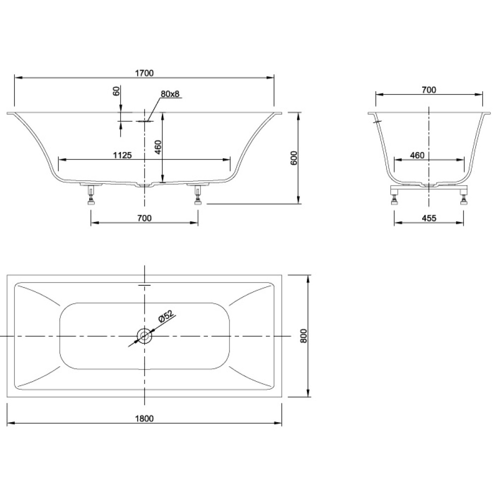 Встраиваемая ванна 180x80 KNIEF Shape 0600-750-01 с щелевым сливом переливом click-clack, белая мато