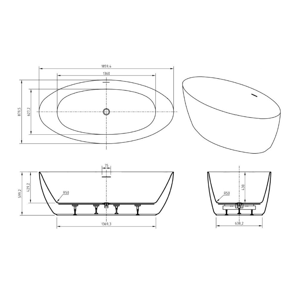 Акриловая ванна BelBagno 186х88 (BB707-1860-880) Белый