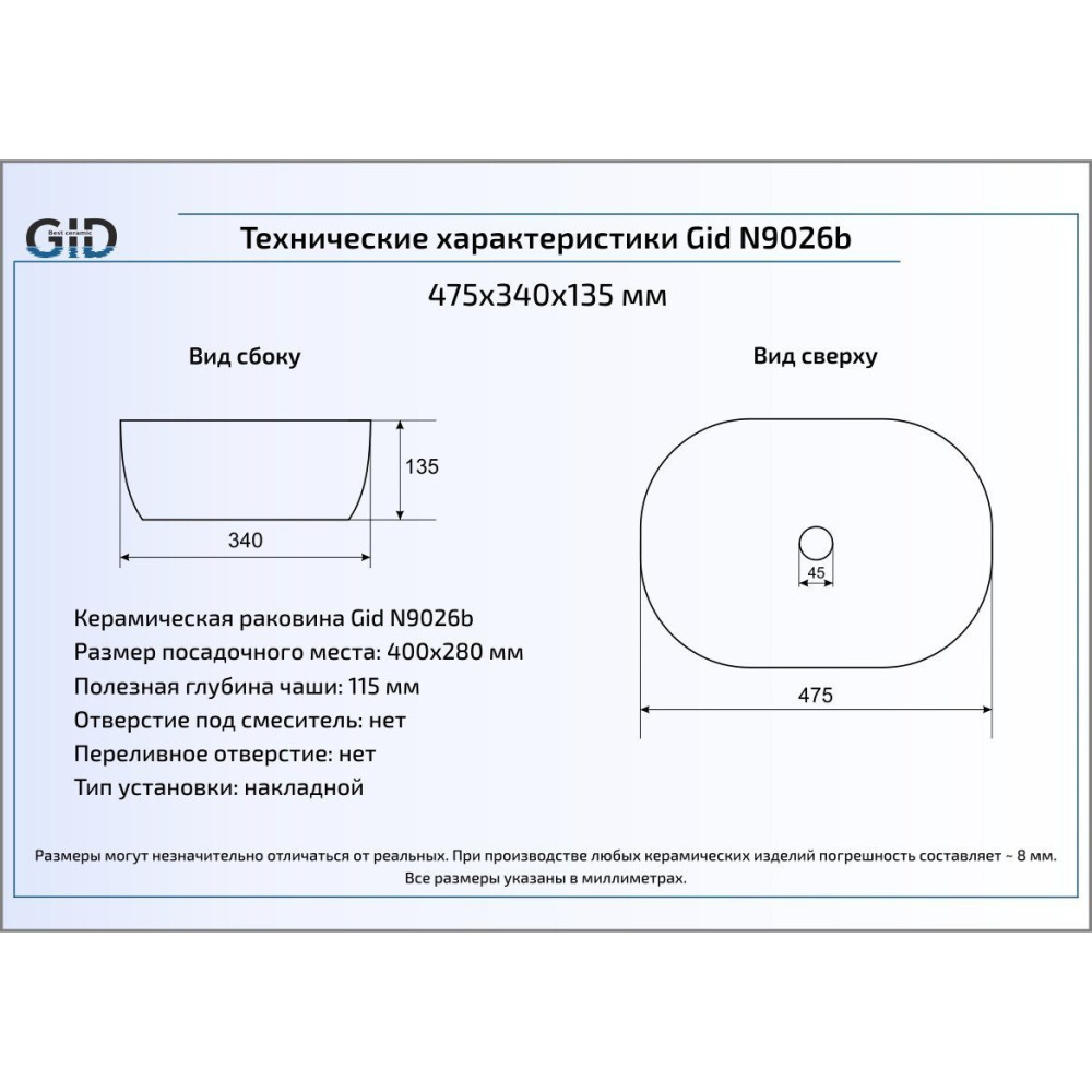 Раковина накладная Gid N9026b