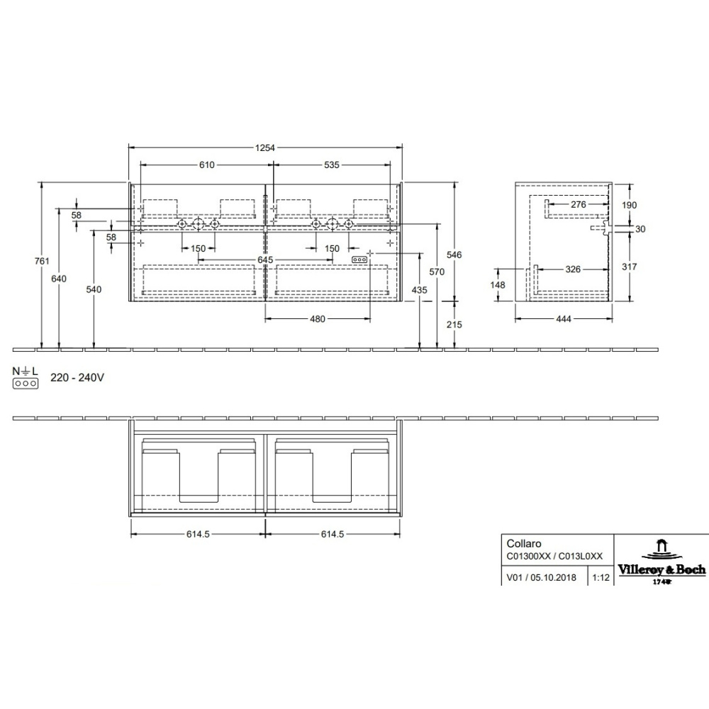 Villeroy Boch Collaro C013L0FP Тумба под раковину 1254х444 мм (Glossy Grey)
