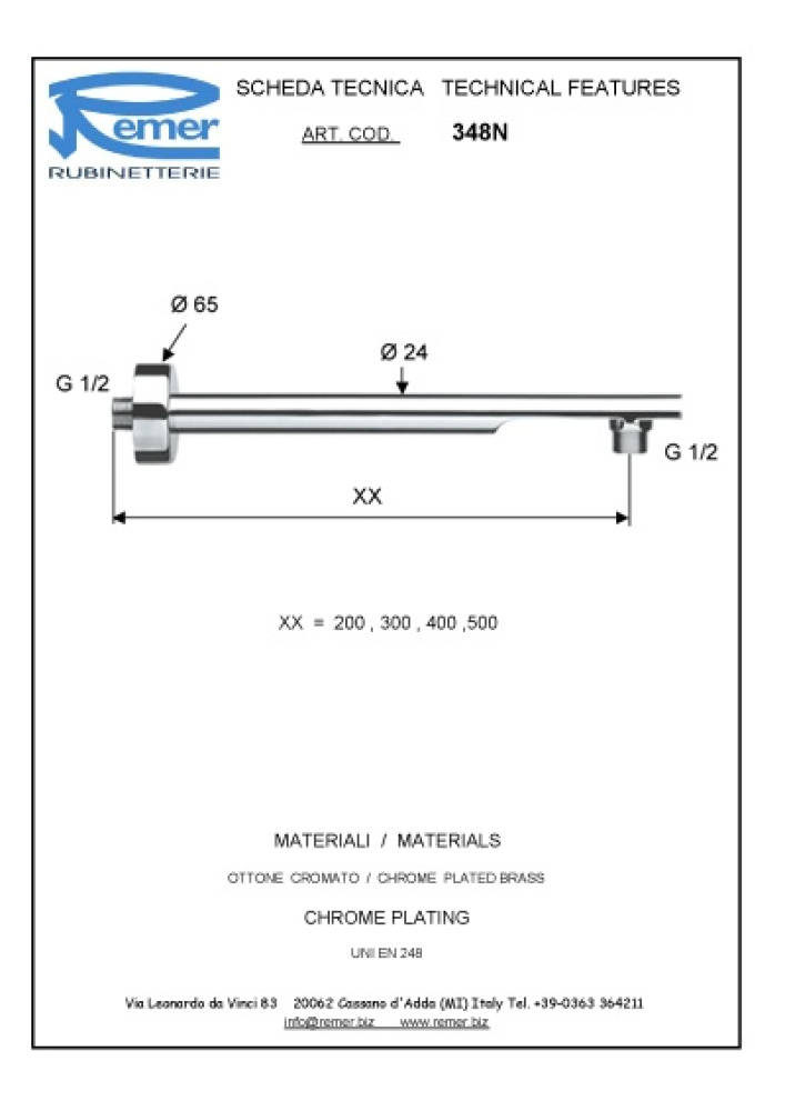 Фото Remer 348N40CFP Кронштейн для верхнего душа 400 мм (чёрный шлифованный хром)