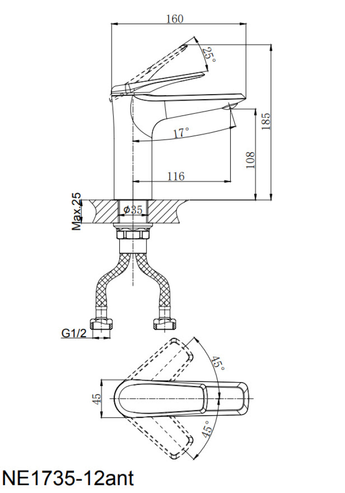 Смеситель для умывальника,антрацит RUSH Nevis NE1735-12ant