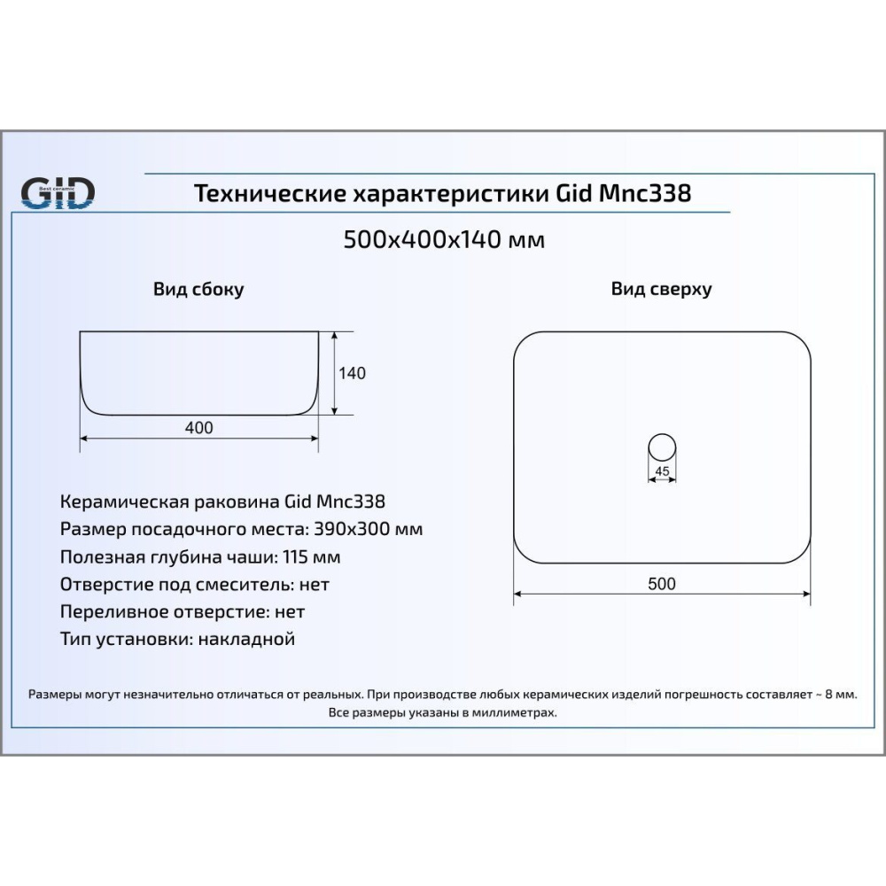 Раковина накладная Gid Mnc338