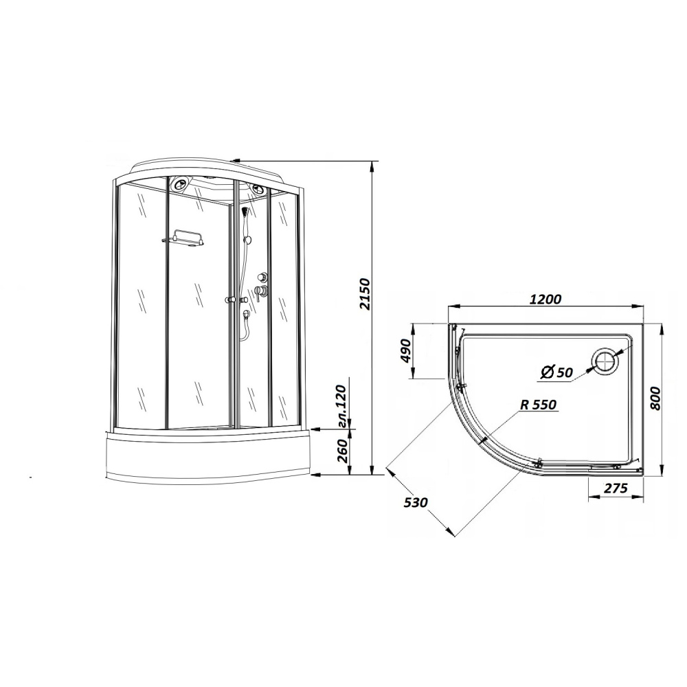 Душевая кабина 120x80x215 Parly (BMM120R) белый, Без гидромассажа, ABS-пластик, Поддон средний