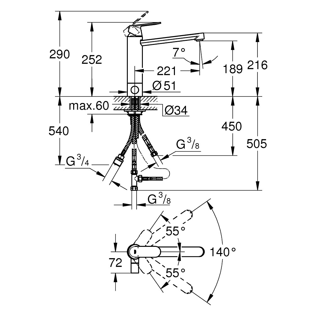 Grohe Eurosmart Cosmopolitan 30195000 Смеситель для кухни, переключатель и отвод холодной воды для п