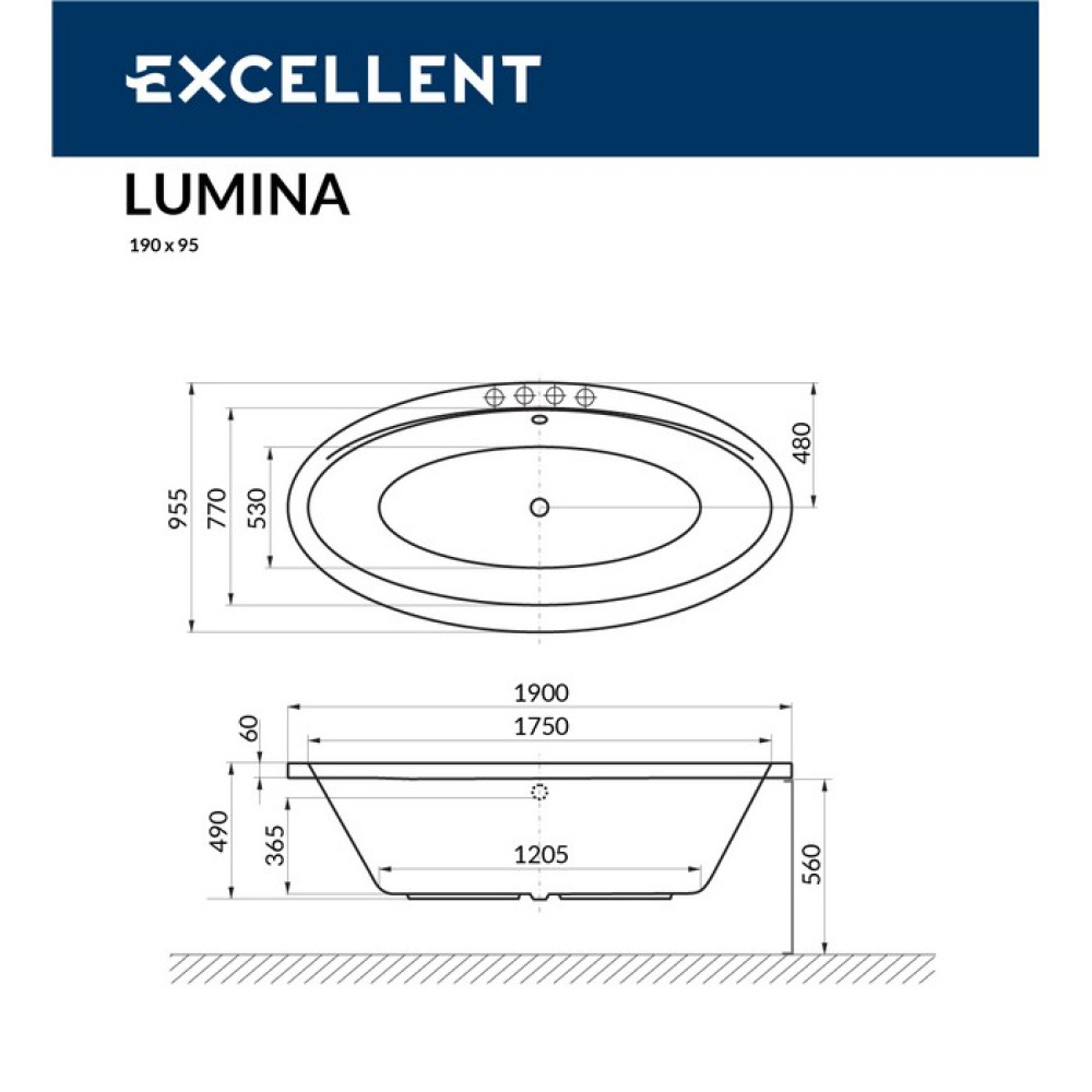 Акриловая ванна 190x95,5 Excellent (WAEX.LUM19WH), овальная