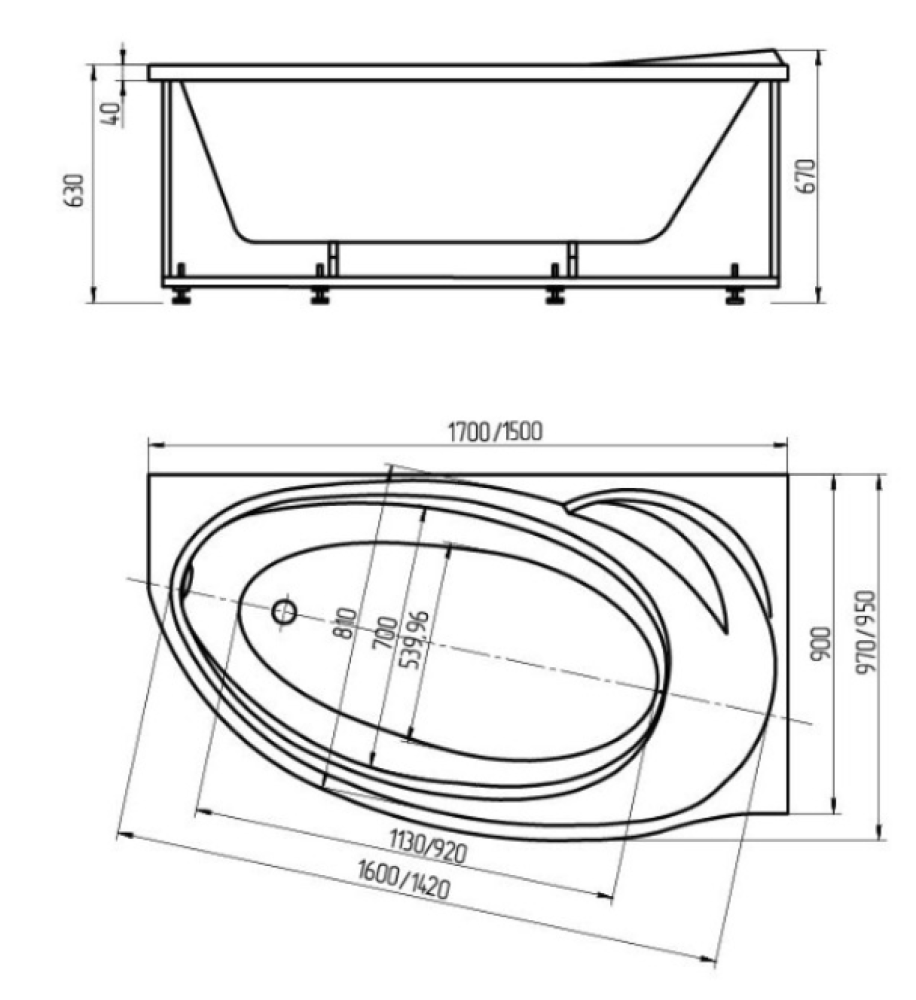 Фото Акриловая ванна 170x97 Aquatek (BET170-0000011), асимметричная