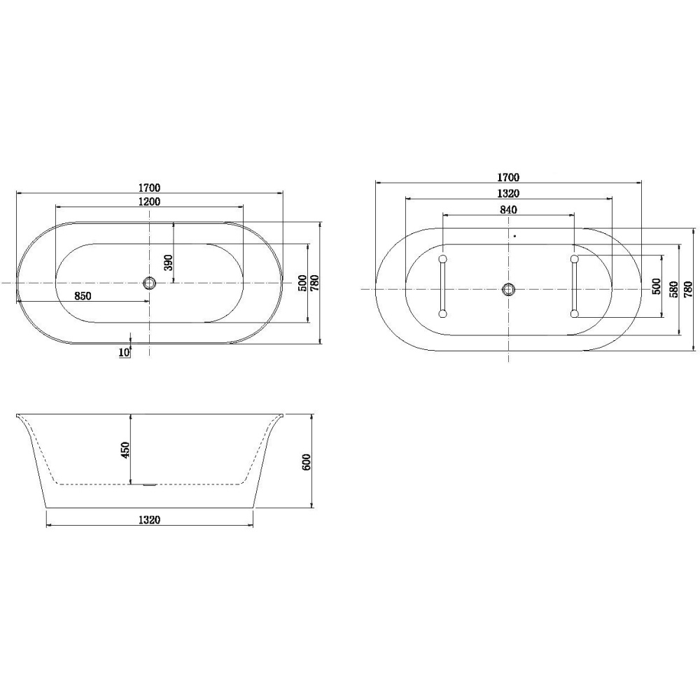 Акриловая ванна 170x78 Aquanet (00260047), овальная
