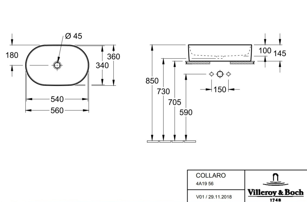 Фото Раковина Villeroy&Boch Collaro 4A195601 56 x 36 см овальная, без перелива