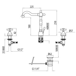 Фото TW London Смеситель для раковины на 3 отверстия, излив 225мм, с донным клапаном, цвет бронза