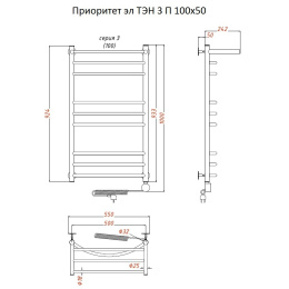 Полотенцесушитель Тругор  Приоритет эл ТЭН 3 П 100*50 (ЛЦ2) (Приоритет3/элТЭН10050 П)