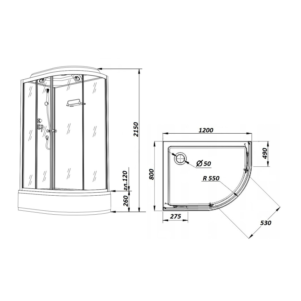 Душевая кабина 120x80x215 Parly (BMM120L) белый, Без гидромассажа, ABS-пластик, Поддон средний