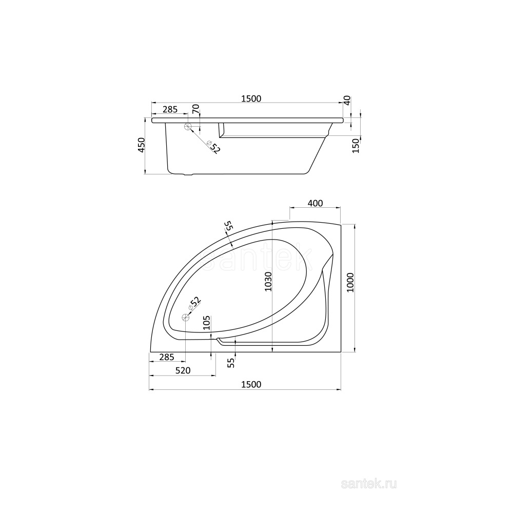 Акриловая ванна 150x100 Santek (1.WH11.2.033), асимметричная