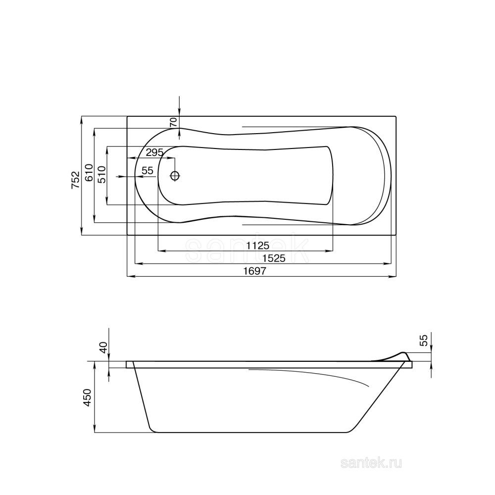 Акриловая ванна 170x75 Santek (1.WH30.2.391), прямоугольная