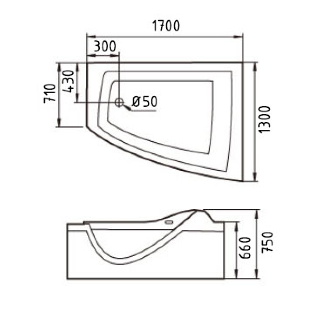 Акриловая ванна 170x130 Gemy (G9056 K R), угловая асимметричная