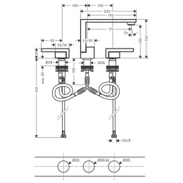 Фото Axor Edge 46051990 Смеситель для раковины 130 на 3 отв., с push/open донным клапаном , излив 173мм, 