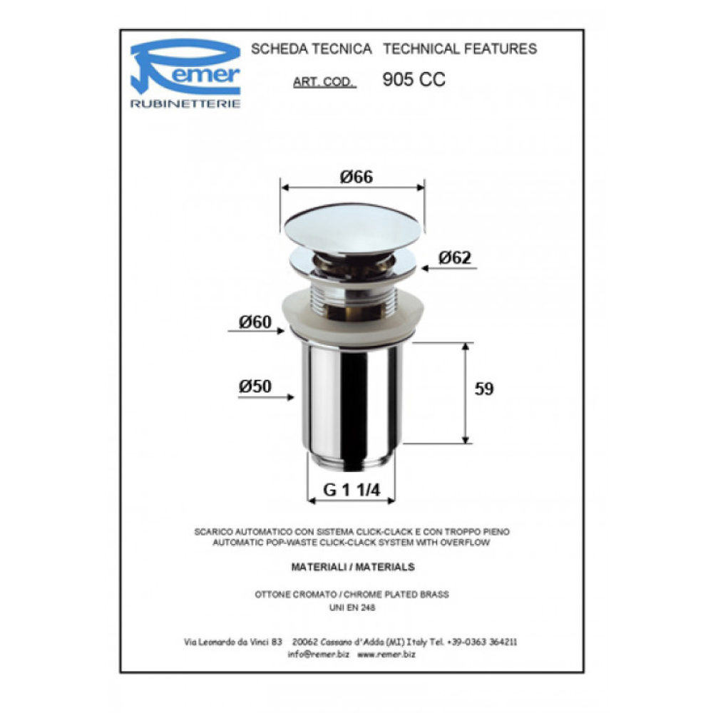 Фото Донный клапан REMER (905CC114NO) черный, матовый