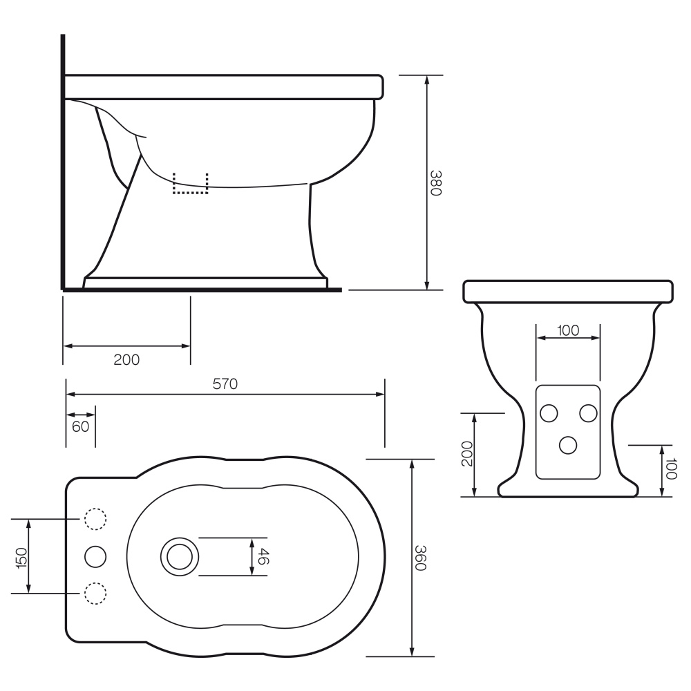 Фото TW Bristol Биде приставное 36*55см, с 3отв., цвет белый