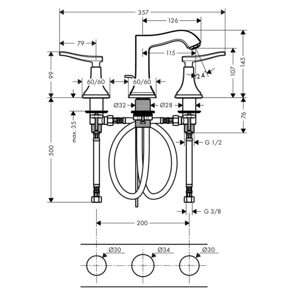 Смеситель для раковины на 3 отверстия 31330090 Hansgrohe Metropol Classic (хром, золото)