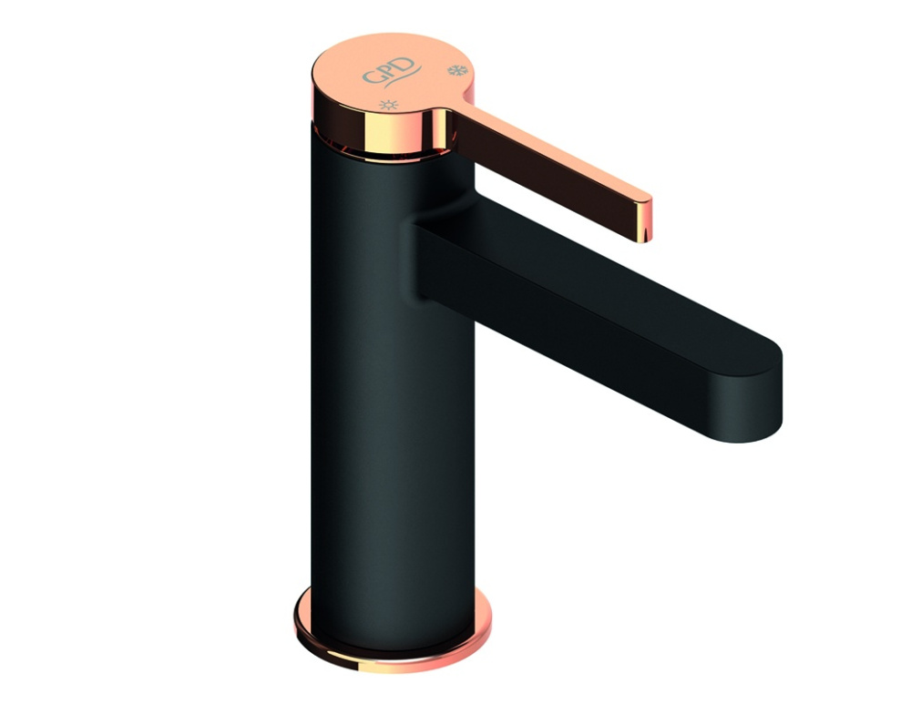 Фото Смеситель GPD Gildo MLB165-S-R, для раковины, без донного клапана, черный/розовое золото