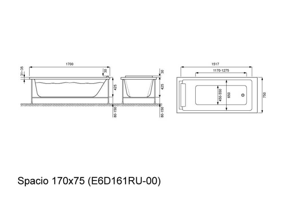 Акриловая ванна 170x75 Jacob Delafon (E6D161RU-00), прямоугольная