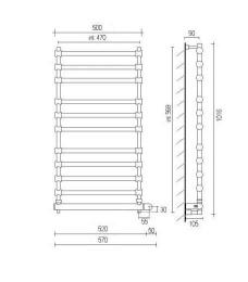 Фото Полотенцесушитель электрический Margaroli Sole 564-11 ВОХ 5644711GONB, высота 101.6 см, ширина 57 см