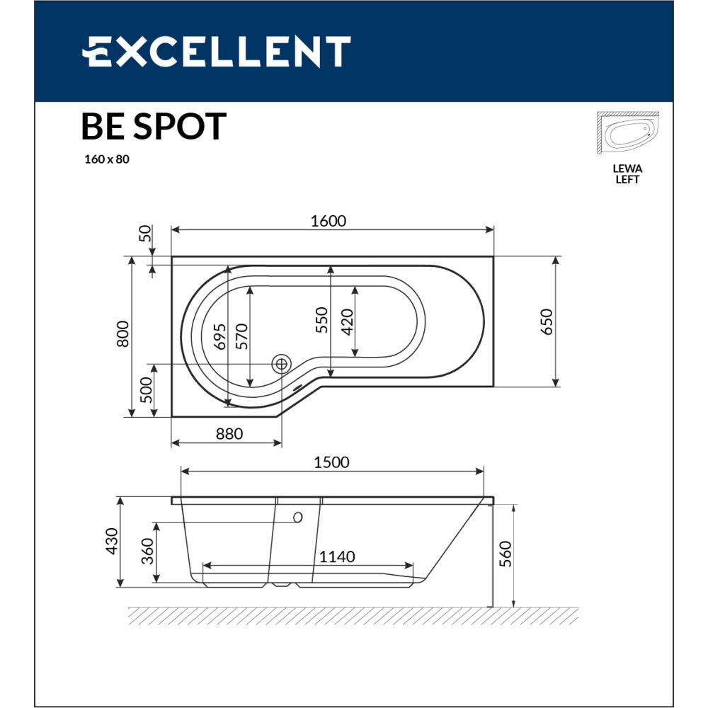 Акриловая ванна 160x80 Excellent (WAEX.BSL16WH), асимметричная