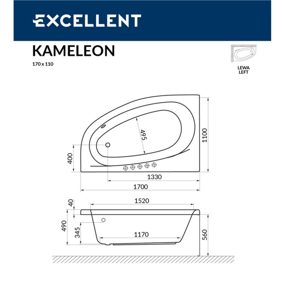 Акриловая ванна 170x110 Excellent (WAEX.KML17WH), асимметричная
