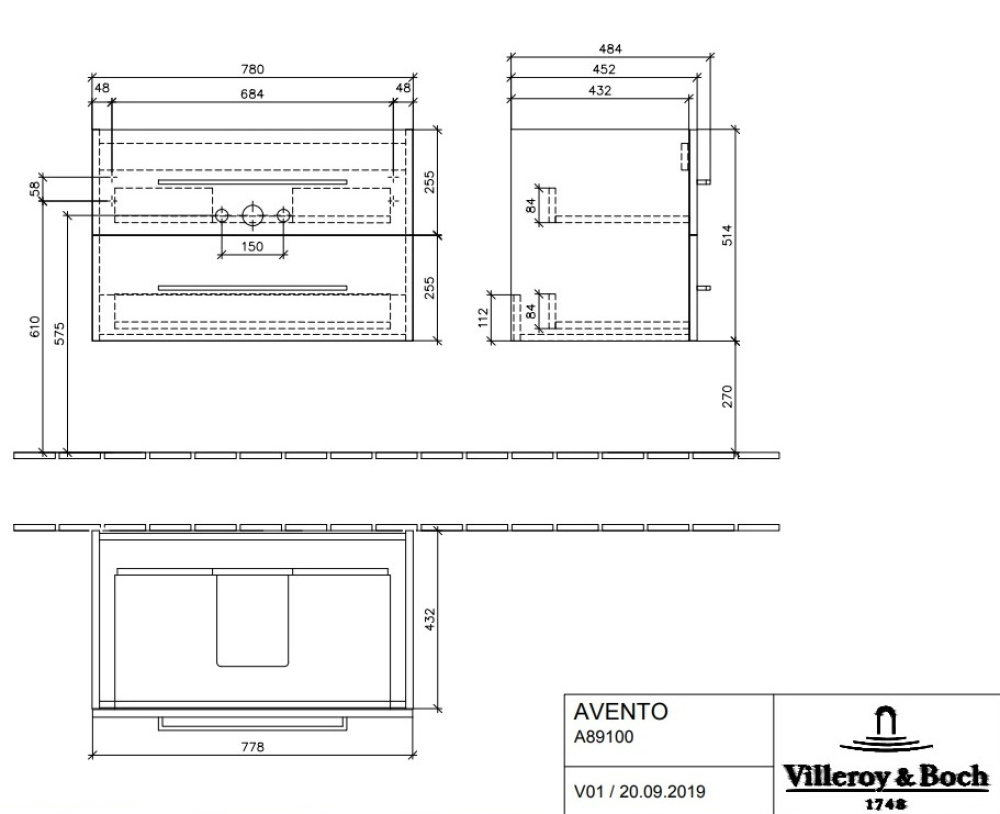 Тумбы, подстолья Villeroy Boch Avento A89100B1 Тумба под раковину 780х452 мм (серое стекло)