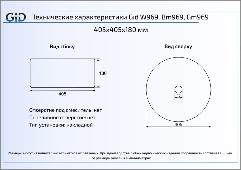 Раковина накладная Gid W969