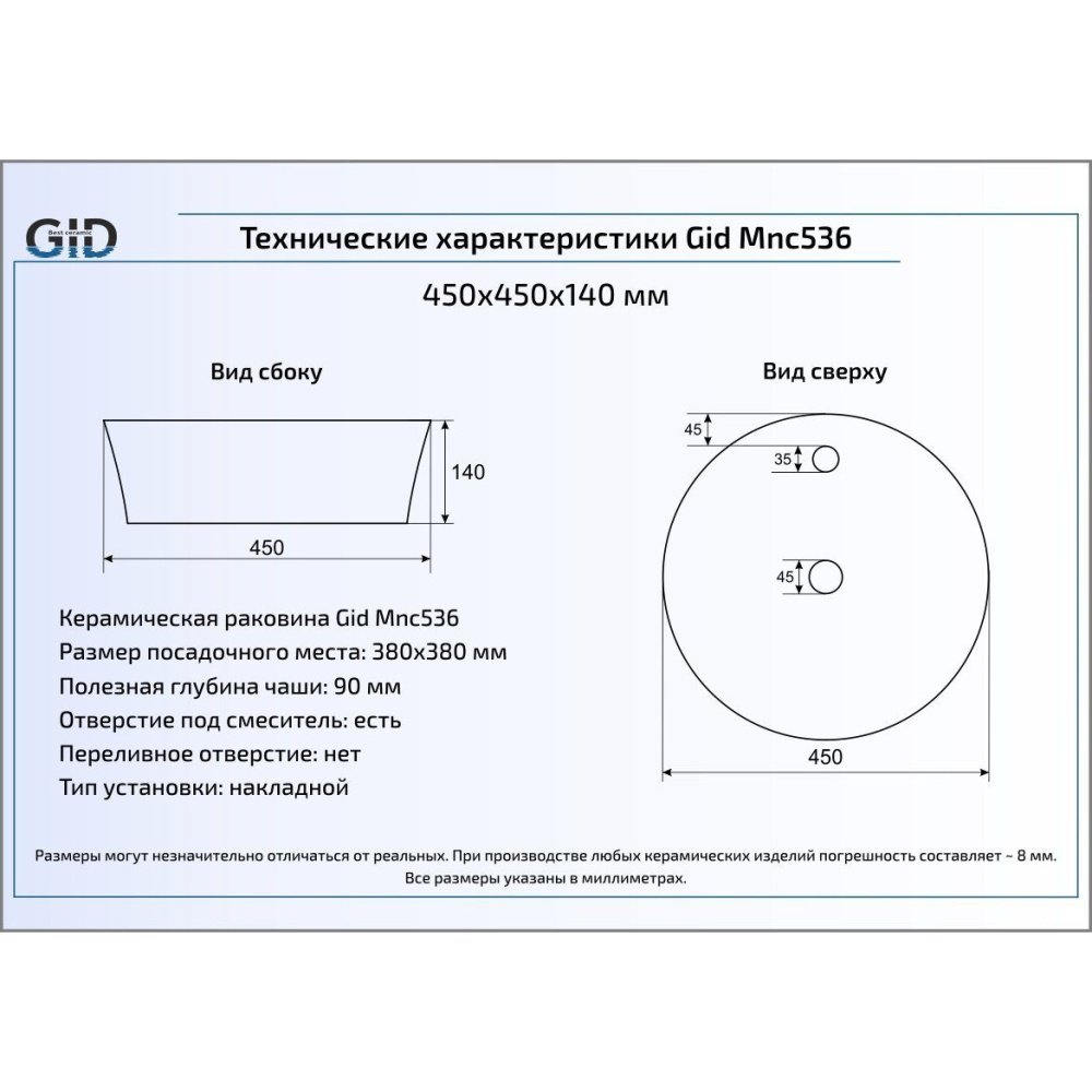 Раковина накладная Gid Mnc536