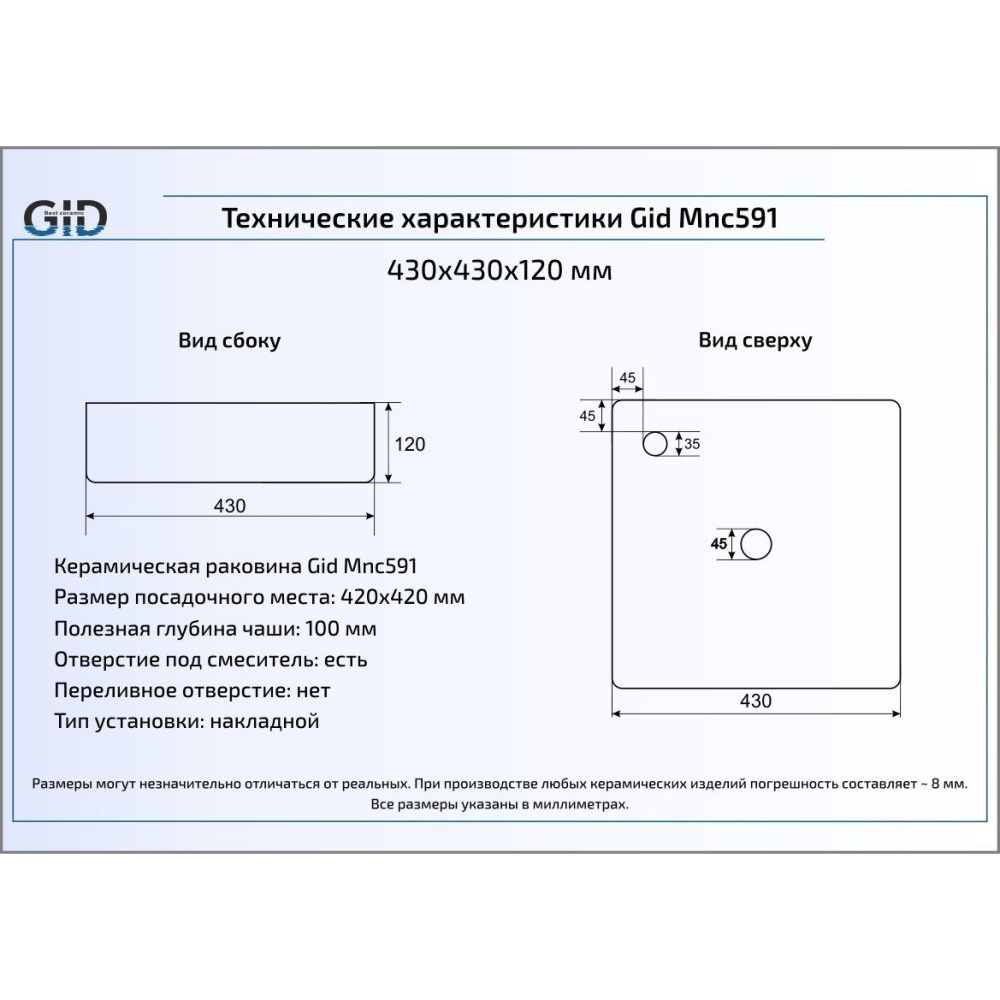 Раковина накладная Gid Mnc591