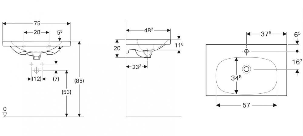 Раковина Geberit Acanto 500.630.01.2, 75 х 48,2 см, скрытый перелив, белая
