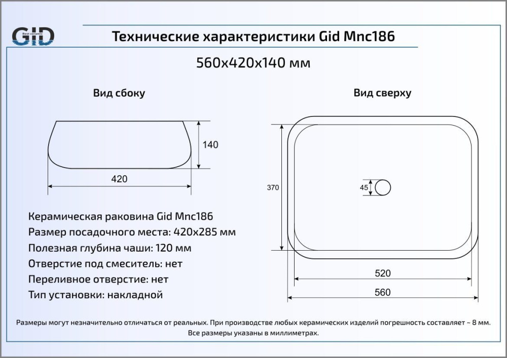 Раковина накладная Gid Mnc186