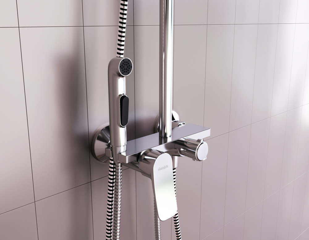 Damixa DX220910000 Apollo, душевая система со смесителем-полкой: верхний душ 230мм, ручной душ 120мм