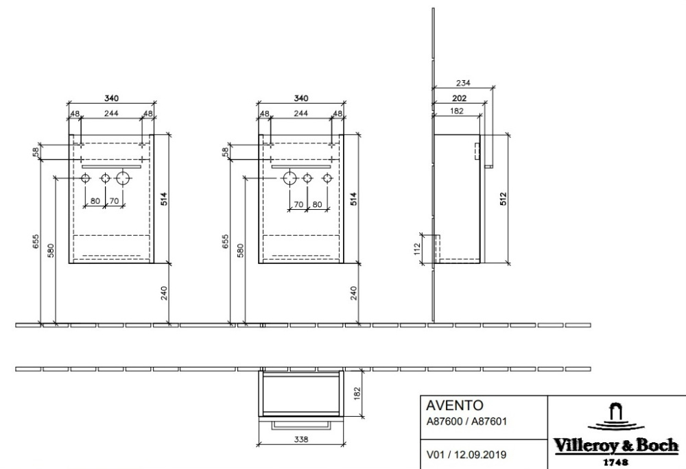 Фото Villeroy Boch Avento A87600B1 Тумба под раковину 340х202 мм петли левые (серое стекло)
