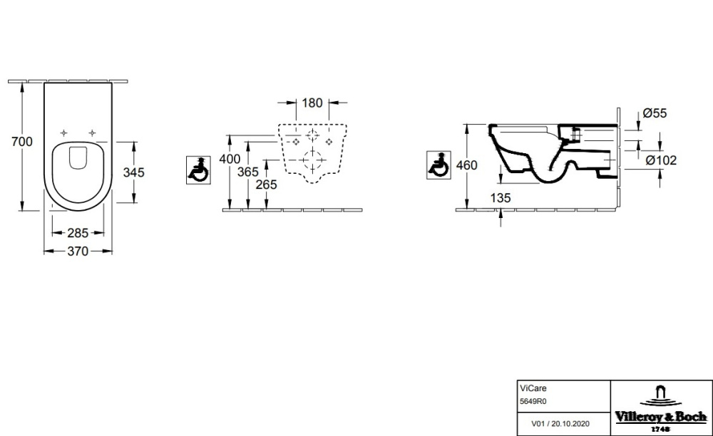 Villeroy Boch Architectura Vita 5649R0R1 Унитаз подвесной для инвалидов безободковый (цвет альпийски