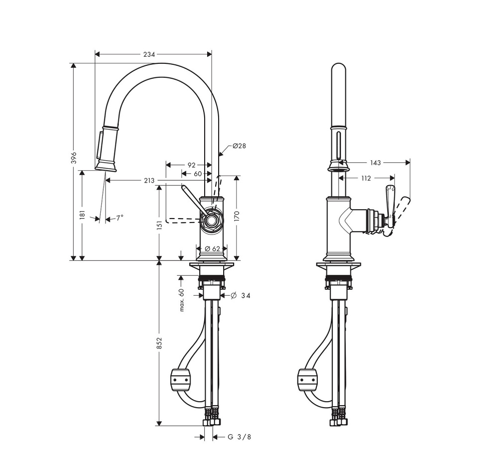 Фото AXOR Montreux 16581310 Однорычажный смеситель для кухни с вытяжным изливом (шлифованное красное золо
