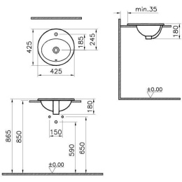 Раковина встраиваемая сверху 42,5 см Vitra S20 (5466B003-0001) белый