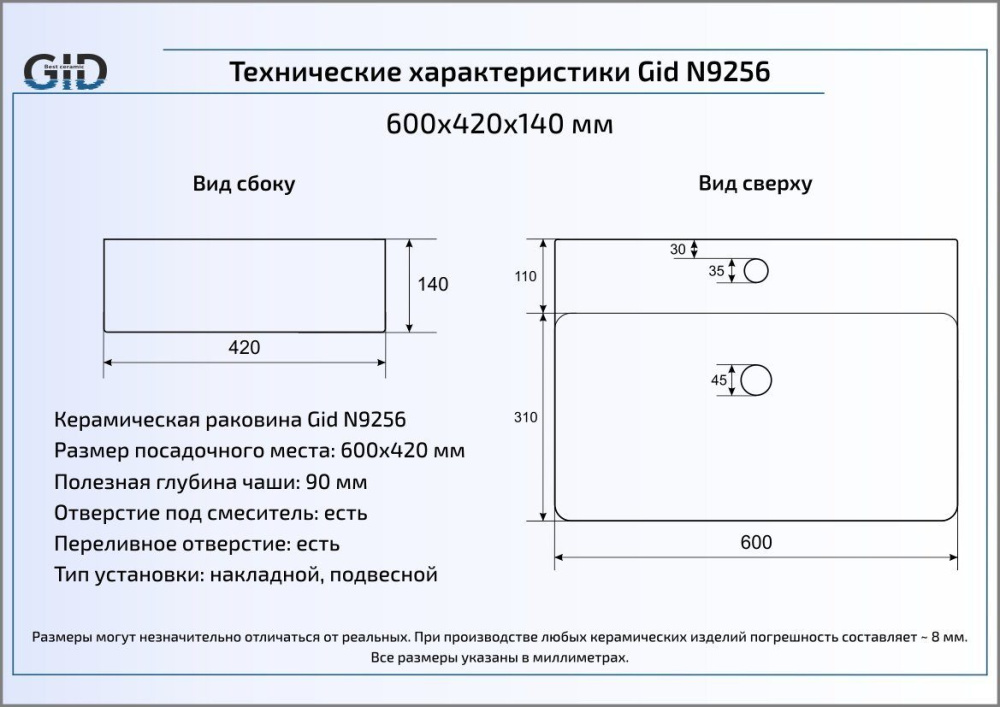 Фото Раковина накладная Gid N9256